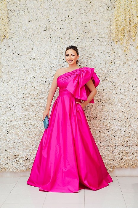 VESTIDO ROSA PINK OMBRO ÚNICO LAÇO TAFETÁ