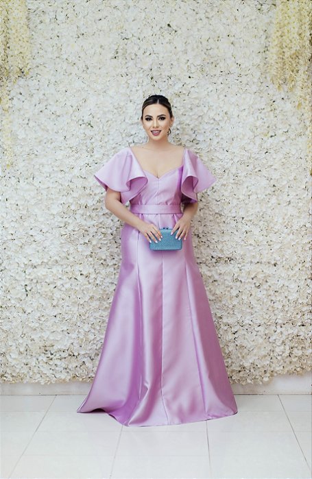 VESTIDO LILÁS/ LAVANDA ZIBELINE MANGA FLARE SAIA PRINCESA DECOTE CORAÇÃO