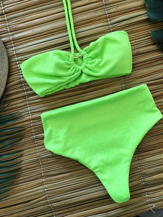 BIQUINI RETRÔ HOT PANTS VERDE NEON ATOALHADO