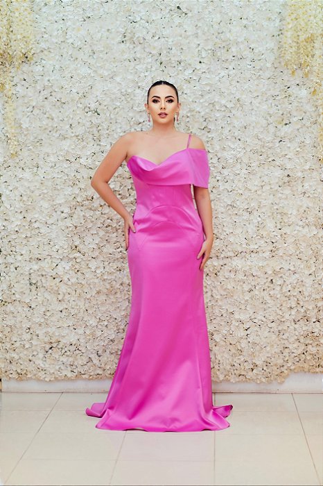 VESTIDO FATIMA SCOFIELD SEREIA ROSA CHICLETE OMBRO ÚNICO ALCINHA COM PALA NO BUSTO