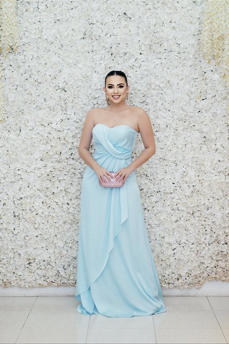 VESTIDO FATIMA SCOFIELD AZUL BEBÊ TOMARA QUE CAIA CREPE DE SEDA COM DETALHE DE PREGAS NA CINTURA