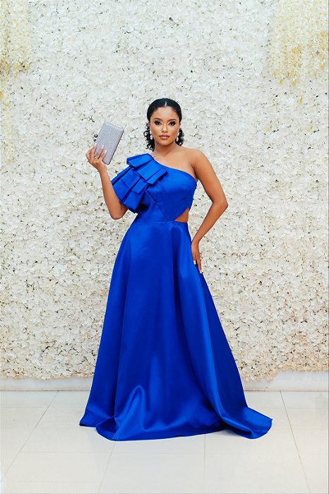 VESTIDO AZUL ROYAL EM ZIBELINE FLECHE DOR OMBRO UNICO COM LAÇO E RECORTE LATERAL SAIA PRINCESA