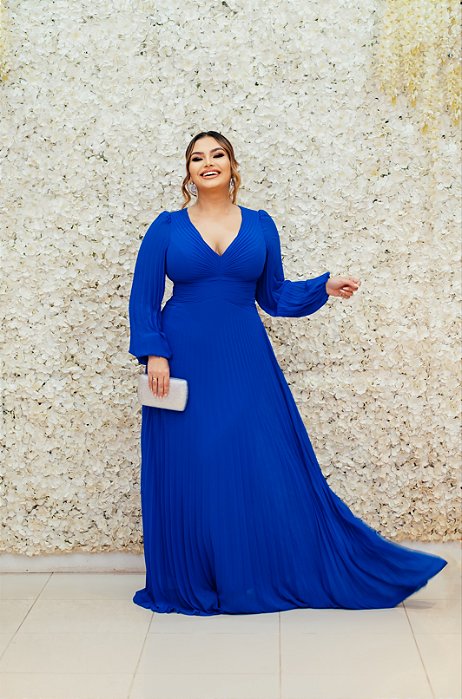 VESTIDO AZUL BIC PLISSADO MANGA LONGA COM AMARRAÇÃO NA COSTA DETALHE PLISSADO NA CINTURA