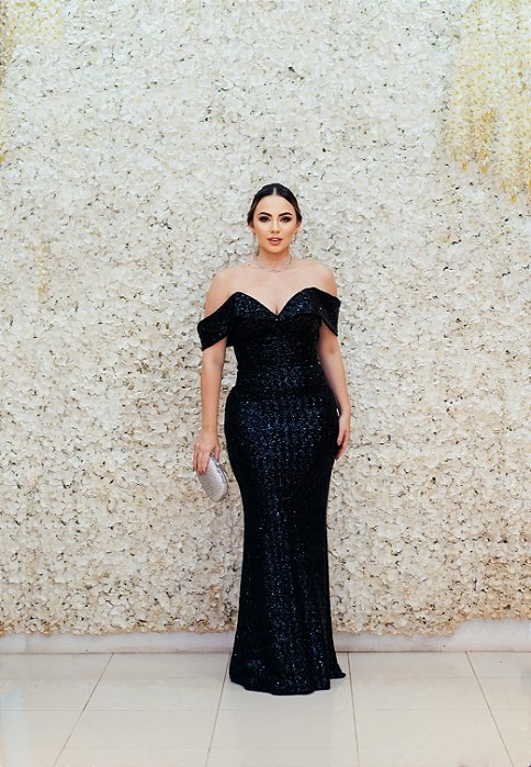 VESTIDO PRETO SEREIA OMBRO A OMBRO PAETÊ