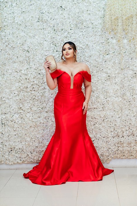 VESTIDO FLECHE DOR VERMELHO ZIBELINE SERIA OMBRO A OMBRO CINTURA DETALHE DRAPEADO DECOTE EM TULE