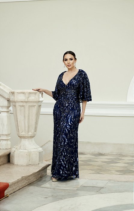 VESTIDO NY AZUL MARINHO COM BORDADOS AZUL E PRATA COM CAPA