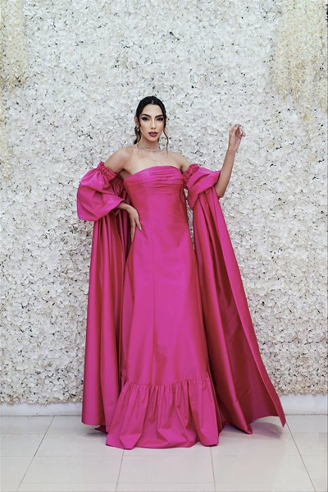 VESTIDO EM TAFETÁ TOMARA QUE CAIA PINK COM CAPA