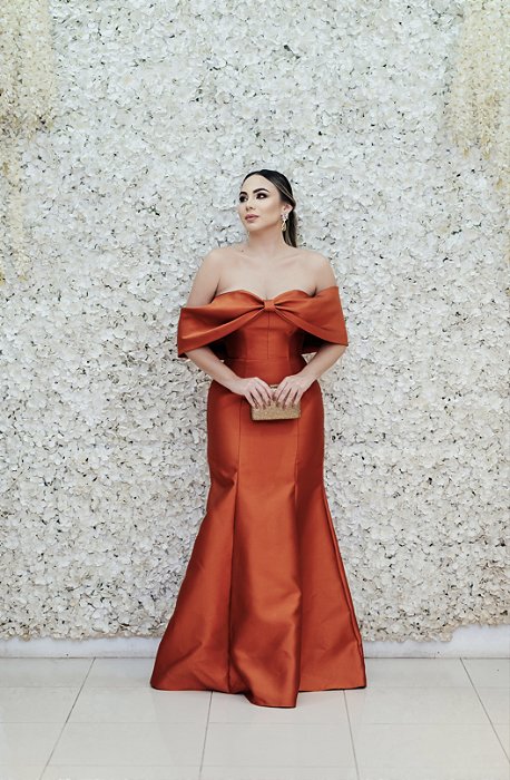 VESTIDO ZIBELINE TERRACOTA ACOBREADO SEREIA OMBRO A OMBRO LAÇO