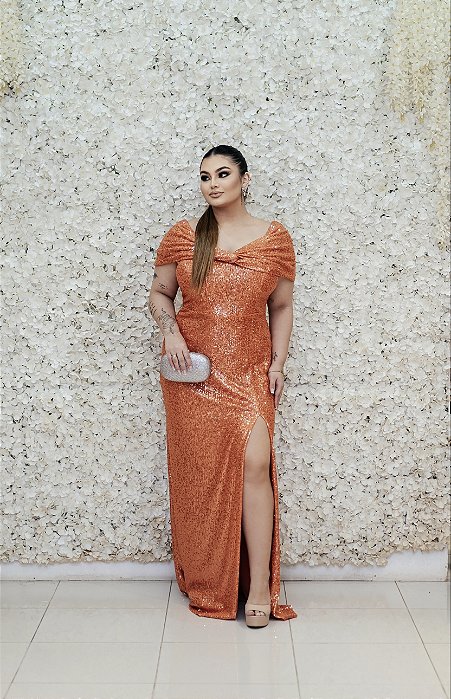 VESTIDO OMBRO A OMBRO LAÇO PAETE TERRACOTA