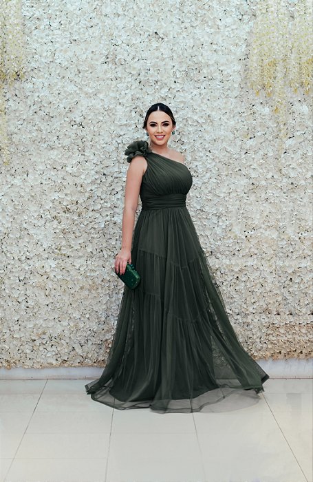 VESTIDO TULE VERDE OLIVA OMBRO ÚNICO COM FLOR