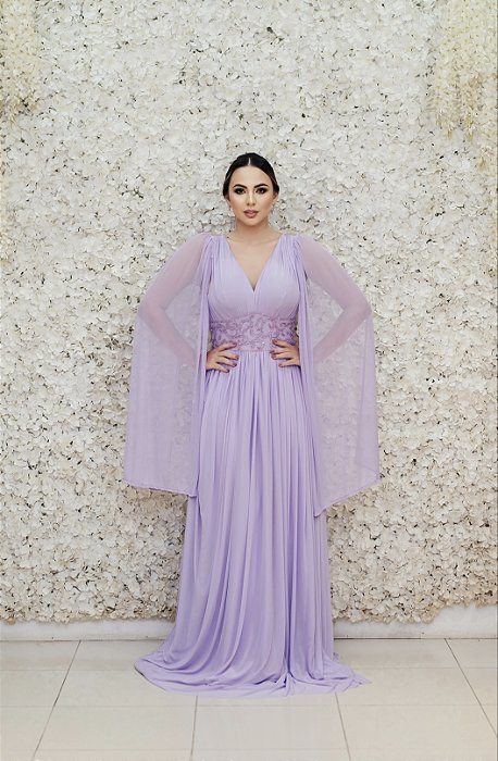 VESTIDO LAVANDA/ LILÁS CAPA TULE COM ALÇA FINA E CINTURA BORDADA