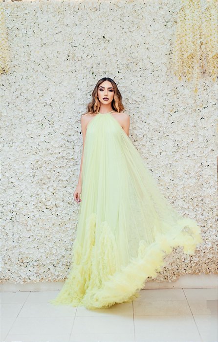 VESTIDO REGATA AMARELO TULE SAIA FOLHOS CAÍDOS MARCELA