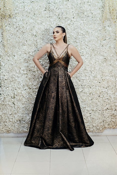 VESTIDO DOURADO ANTIGO METALICO JACQUARD PRINCESA ALÇA DUPLA