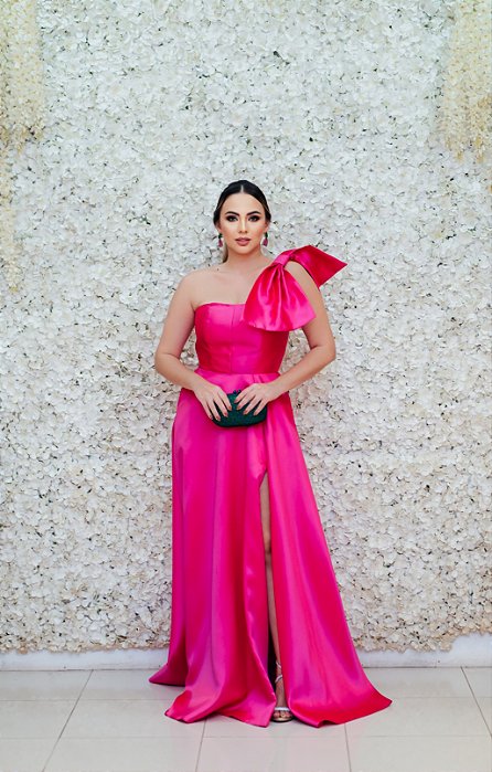 VESTIDO ZIBELINE PINK OMBRO ÚNICO COM LAÇO SAIA PRINCESA COM CORSELETE NAS COSTAS