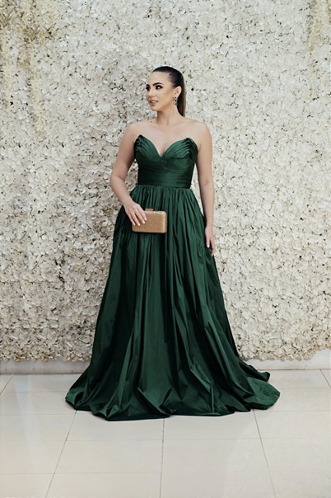 VESTIDO TOMARA QUE CAIA VERDE EM TAFETÁ DECOTE CORAÇÃO COM BUSTO TODO DRAPEADO