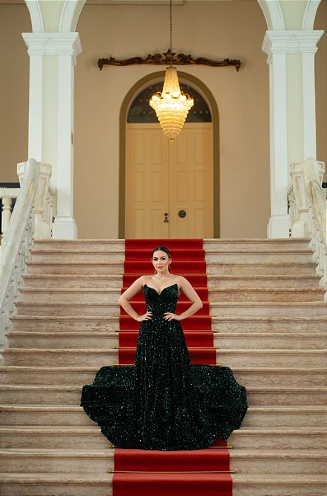 VESTIDO NY TOMARA QUE CAIA VERDE ESMERALDA COM PAETE E VELUDO