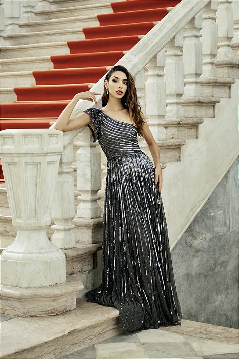 VESTIDO NY GRAFITE OMBRO A OMBRO E SAIA PRINCESA COM CINTO BORDADO