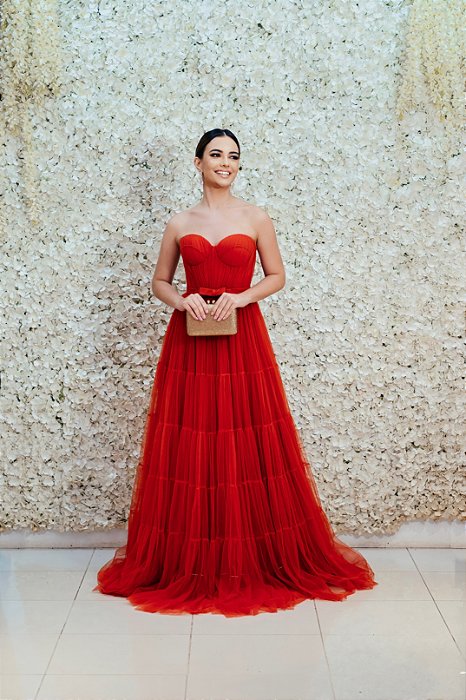 VESTIDO TERRACOTA  TOMARA QUE CAIA BUSTO ESTRUTURADO DRAPEADO TODO EM TULE E CINTO CHANEL