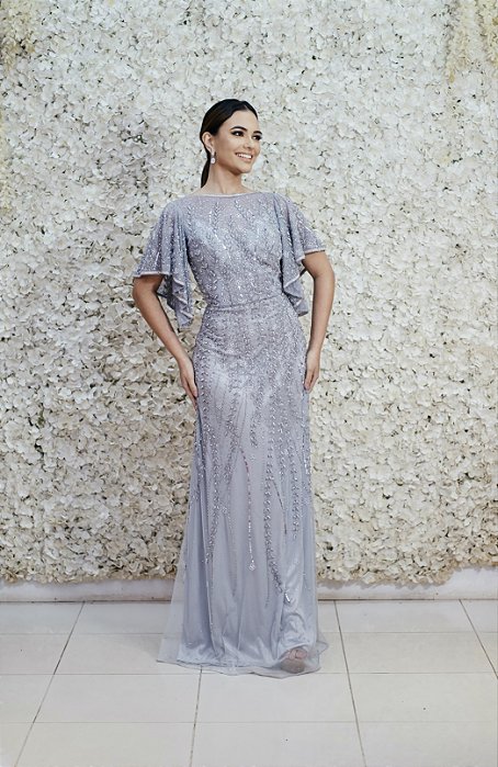 VESTIDO NY PRATA MANGA GOLA ALTA BORBOLETA
