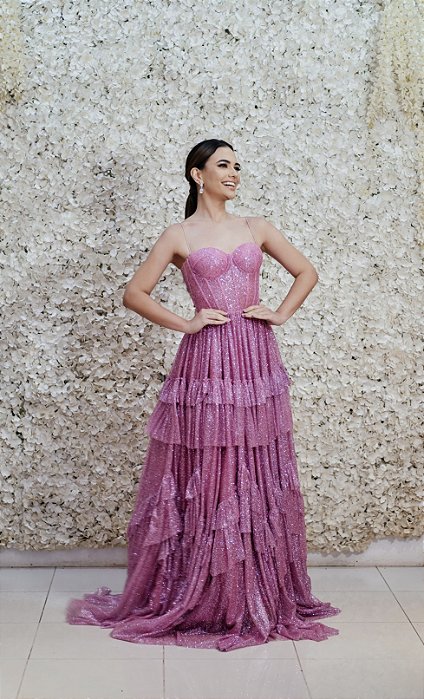 VESTIDO GLITTER ROSA BUSTO ESTRUTURADO SAIA EM CAMADAS
