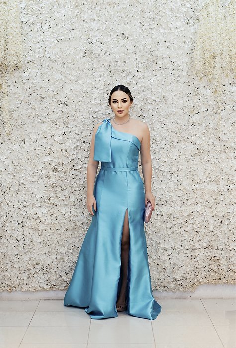 VESTIDO ZIBELINE SEREIA OMBRO ÚNICO COM LAÇO COM LAPELA TURQUESA