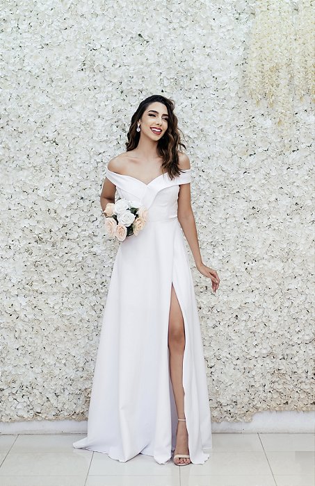 VESTIDO BRANCO OMBRO A OMBRO BUSTO TRANSPASSADO EM CREPE