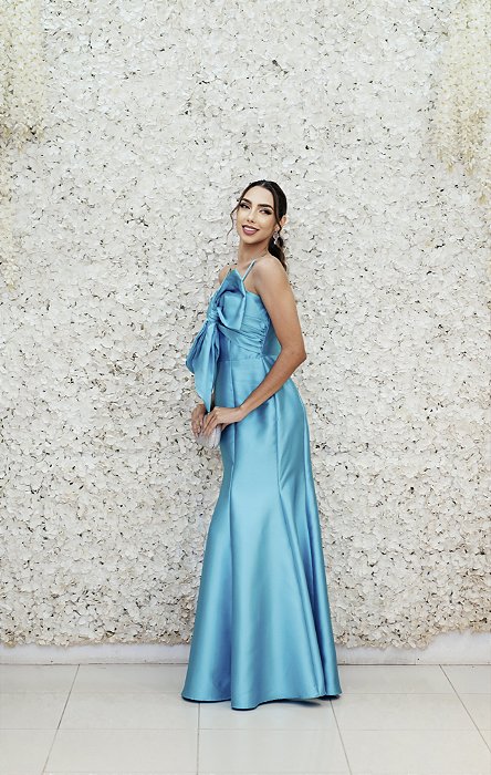 VESTIDO SEREIA TURQUESA ZIBELINE ALÇA FINA COM LAÇO NO BUSTO