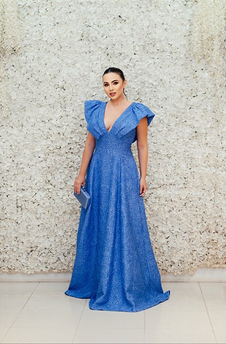 VESTIDO AZUL CLASSIC BLUE TECIDO BROCADO ESTAMPA FLORES MANGA BABADO