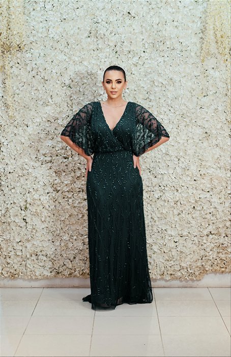 VESTIDO NY VERDE MUSGO MANGA BLUSADA TRANSPASSADA