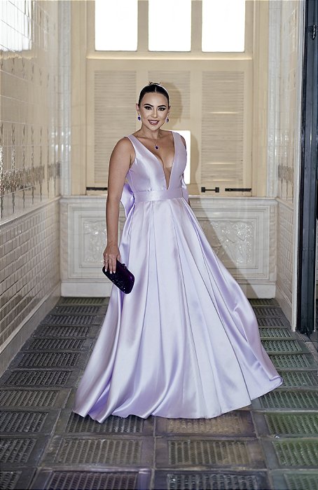 VESTIDO LILÁ/ LAVANDA PRINCESA EM ZIBELINE DECOTE EM V COM CINTO LAÇO