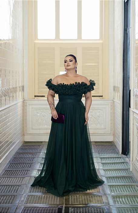 VESTIDO EM TULE VERDE OMBRO A OMBRO FRUFRU