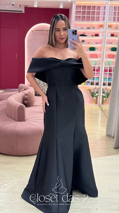 VESTIDO PRETO EM ZBELIEN OMBRO A OMBRO BUSTO LAÇO