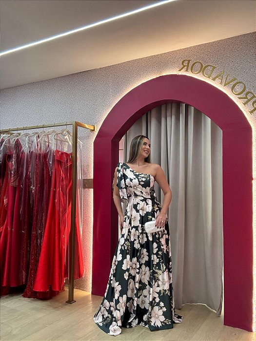 VESTIDO FLORAL OMBRO ÚNICO CETIM DE SEDA ESTAMPADO