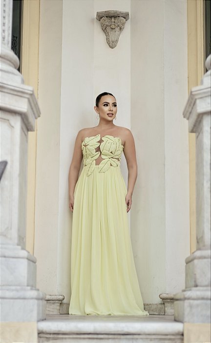 VESTIDO VERDE LIMA TOMARA QUE CAIA COM APLICAÇÃO DE FOLHAS NO BUSTO