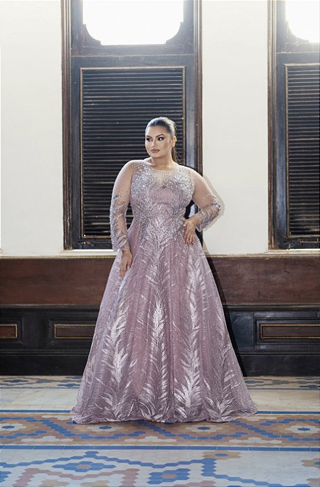 VESTIDO PRINCESA NY MANGA LONGA ROSA/ MAUVE COM BORDADO PRATA GOLA ALTA