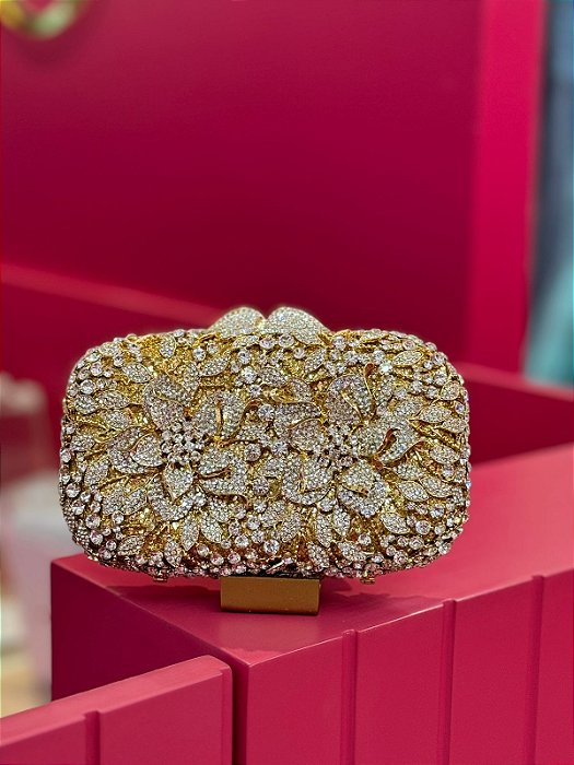 BOLSA METAL DOURADA STRASS PRATA COM FLORES