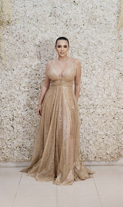 VESTIDO GLITTER DOURADO COSTA NUA COM DECOTE EM V DETALHES EM  VIDRILHOS