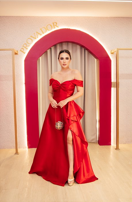 VESTIDO VERMELHO OMBRO A OMBRO DRAPEADO E SAIA COM FOLHO EM ZIBELINE