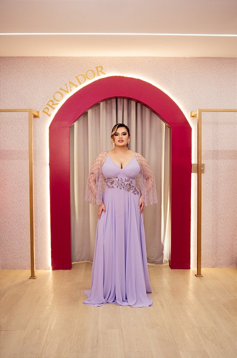 VESTIDO LILÁS/ LAVANDA COM CAPA EM TULE BORDADO E COM BORDADO NA CINTURA