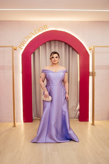 VESTIDO ZIBELINE SEREIA OMBRO A OMBRO LAVANDA/ LILÁS DECOTE CORAÇÃO