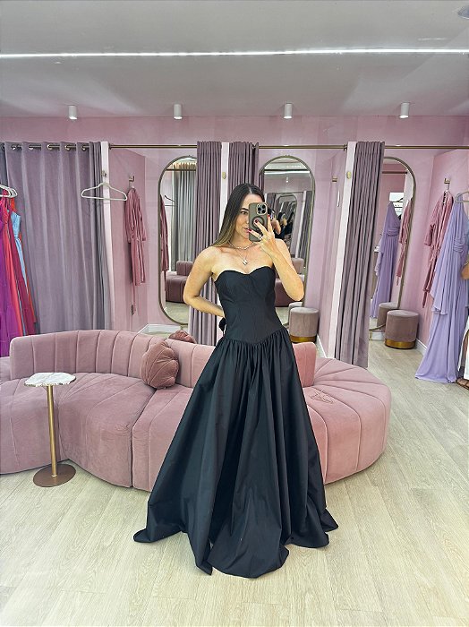 VESTIDO PRETO TAFETÁ TOMARA QUE CAIA CINTURA BAIXA COM MANGAS REMOVÍVEIS