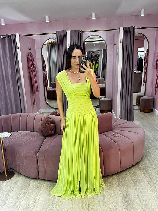 VESTIDO VERDE LIMA MUSSELINE PLISSADO COM VIÉS DRAPEADO NA CINTURA