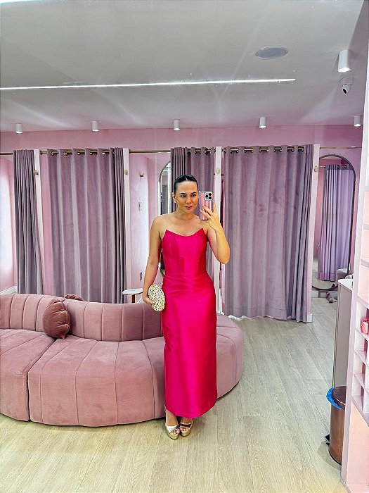 VESTIDO PINK MIDI ZIBELINE TOMARA QUE CAIA BUSTO PONTEIRA
