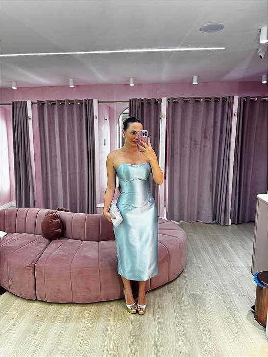 VESTIDO AZUL CLARO MIDI EM ZIBELINE CORSET
