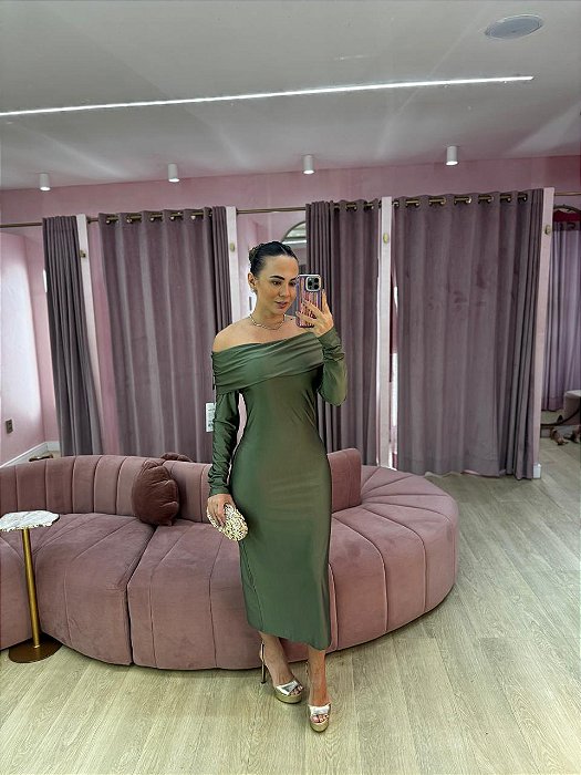 VESTIDO MIDI OMBRO A OMBRO MANGA LONGA VERDE OLIVA LYCRA