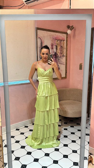 VESTIDO VERDE LIMA CETIM BUSTO TRIÂNGULO SAIA PLISSADA