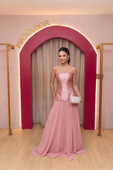 CONJUNTO TOMARA QUE CAIA ROSA BEBÊ BUSTO ZIBELINE PETALAS COM SAIA FLUIDA MUSSELINE TOQUE DE SEDA