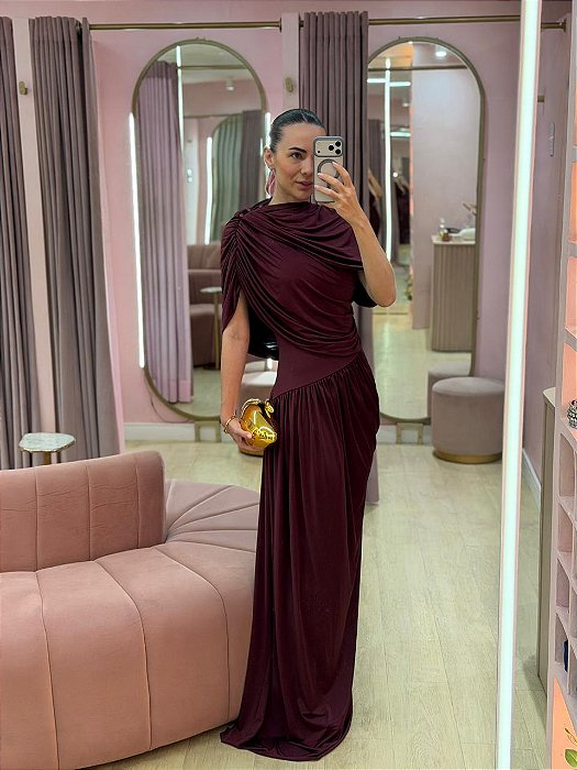 VESTIDO MARSALA BORGONHA EM JERSEY COM CAPA DRAPEADA