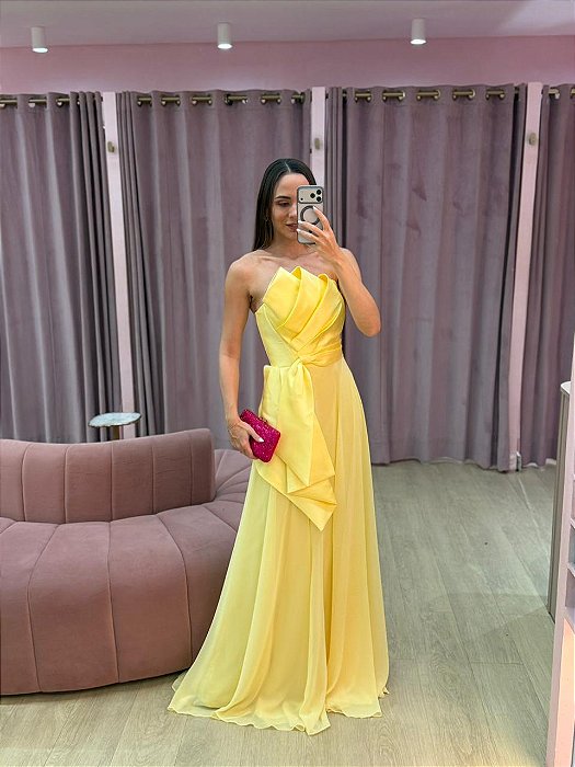 VESTIDO TOMARA QUE CAIA BUSTO EM ZIBELINE E SAIA EM MUSSELINE AMARELO