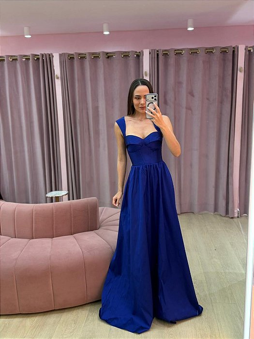 VESTIDO AZUL ROYAL EM TAFETÁ ALÇA LARGA BUSTO ESTRUTURADO